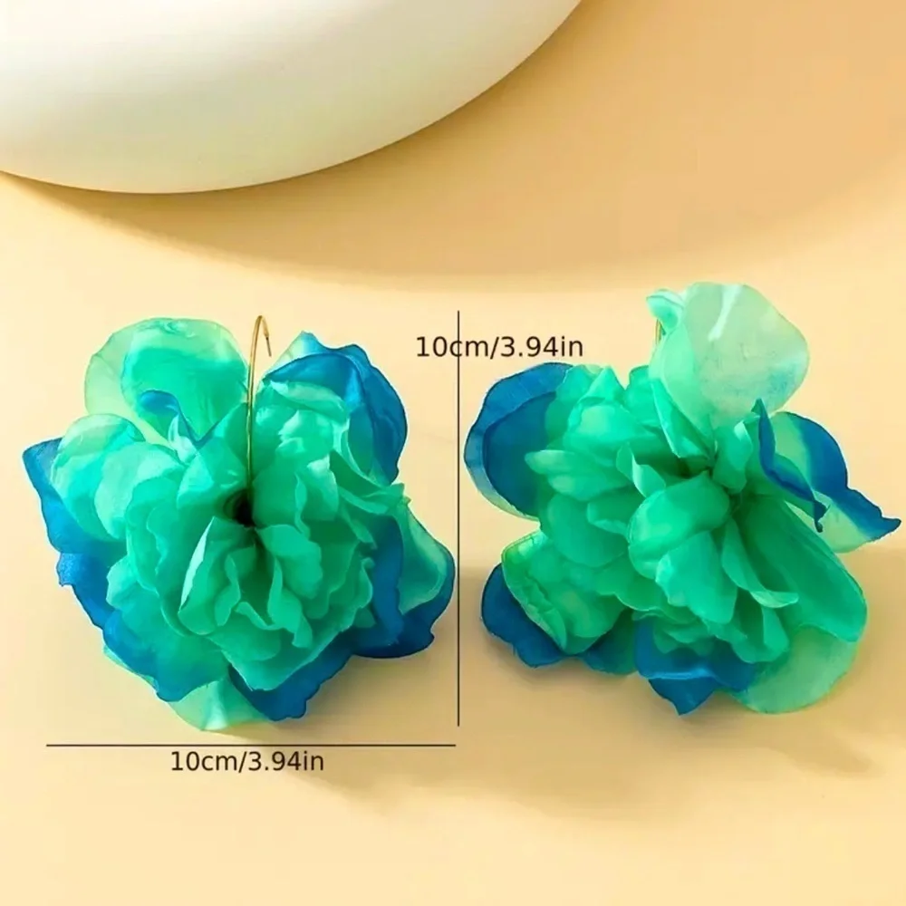 Teal and Blue Flower Gold Hoop Earrings